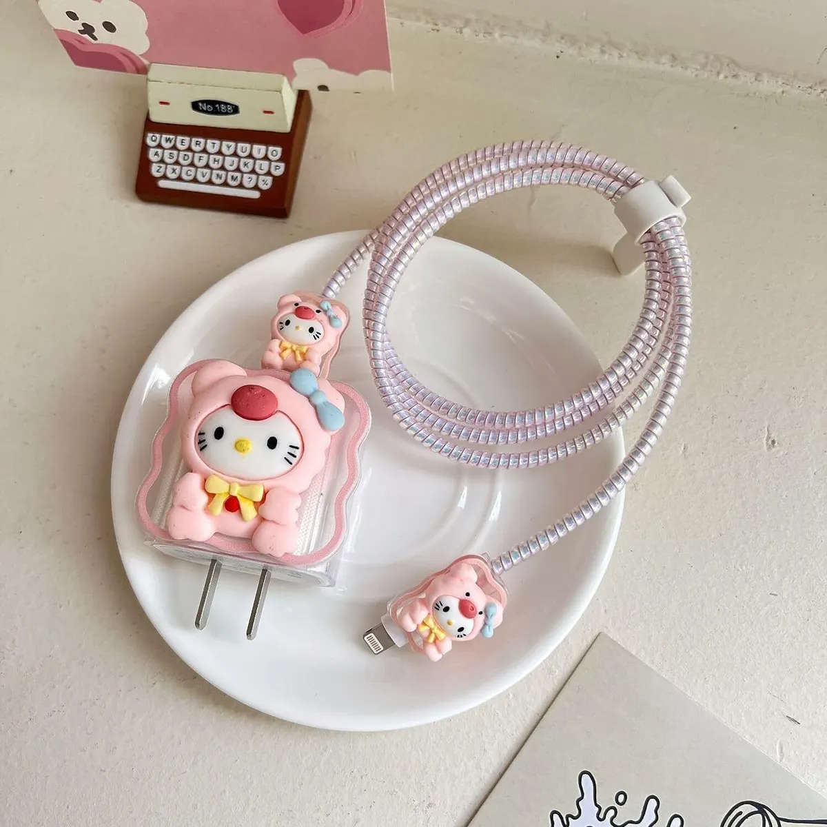 Micvir Charger Cover for Samsung 25W Charger, 3D Cartoon Design Pink Cat, Spiral Cable Protector (Pink)