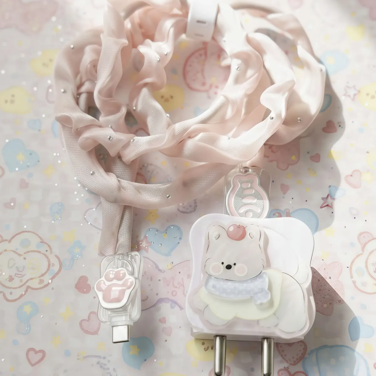 Xolia Charger Cover for 18W-20W Charger, 3D Cartoon Design Bear Pnk, Spiral Cable Protector (Pink) — image 4 of 5