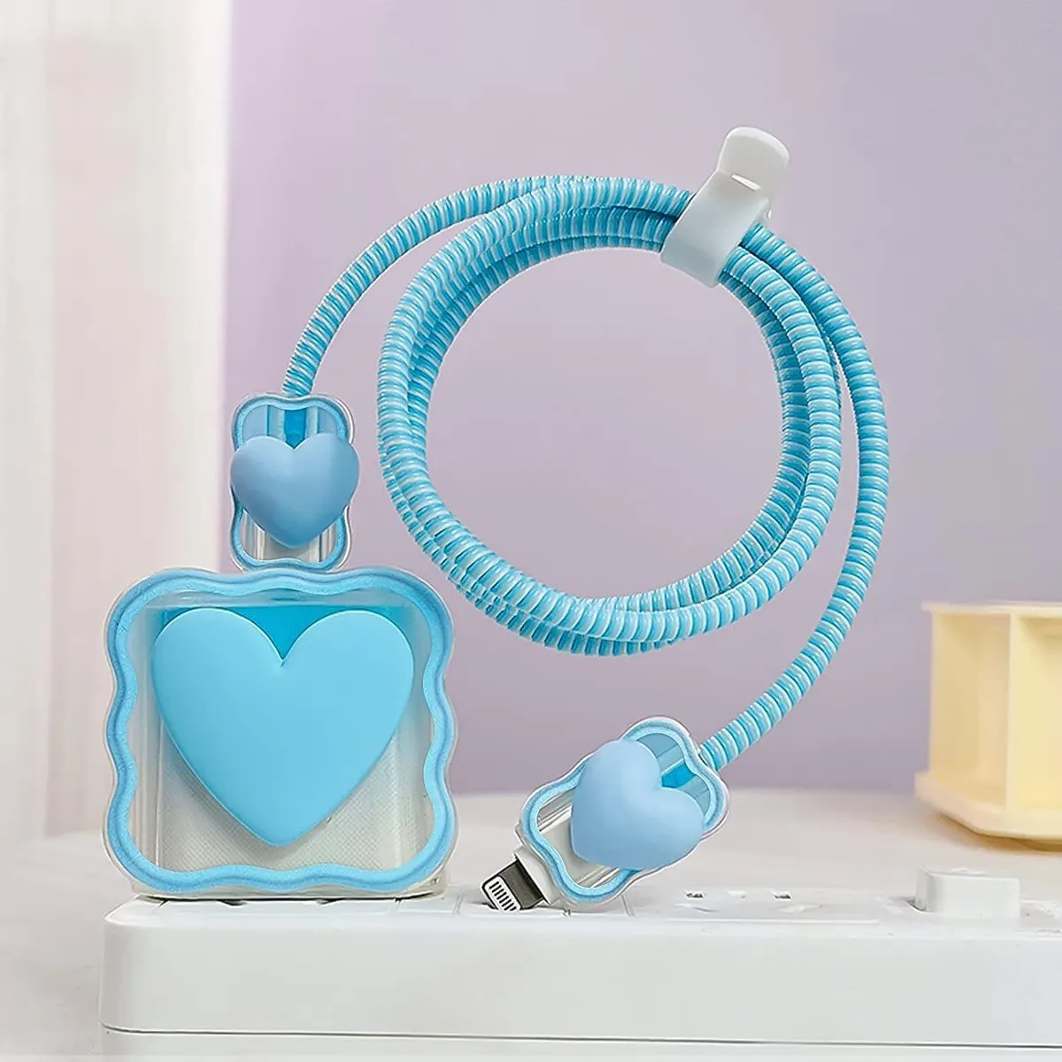 Micvir Charger Cover for iPhone 18W-20W Charger, 3D Cartoon Heart Blue, Spiral Cable Protector (Blue) — image 4 of 5