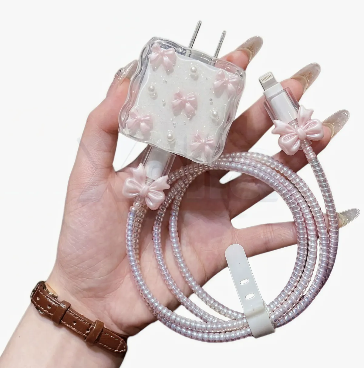 Xolia Charger Cover for 18W-20W Charger, 3D Cartoon Design Bow Pink, Spiral Cable Protector (Pink)