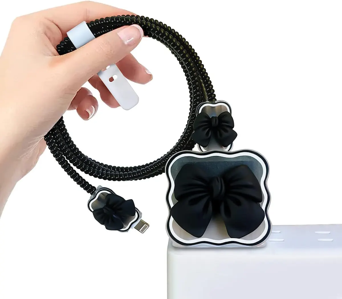 Micvir Charger Cover 18W-20W Charger, 3D Cartoon Design Soft Heart, Spiral Cable Protector (Black) — image 2 of 5