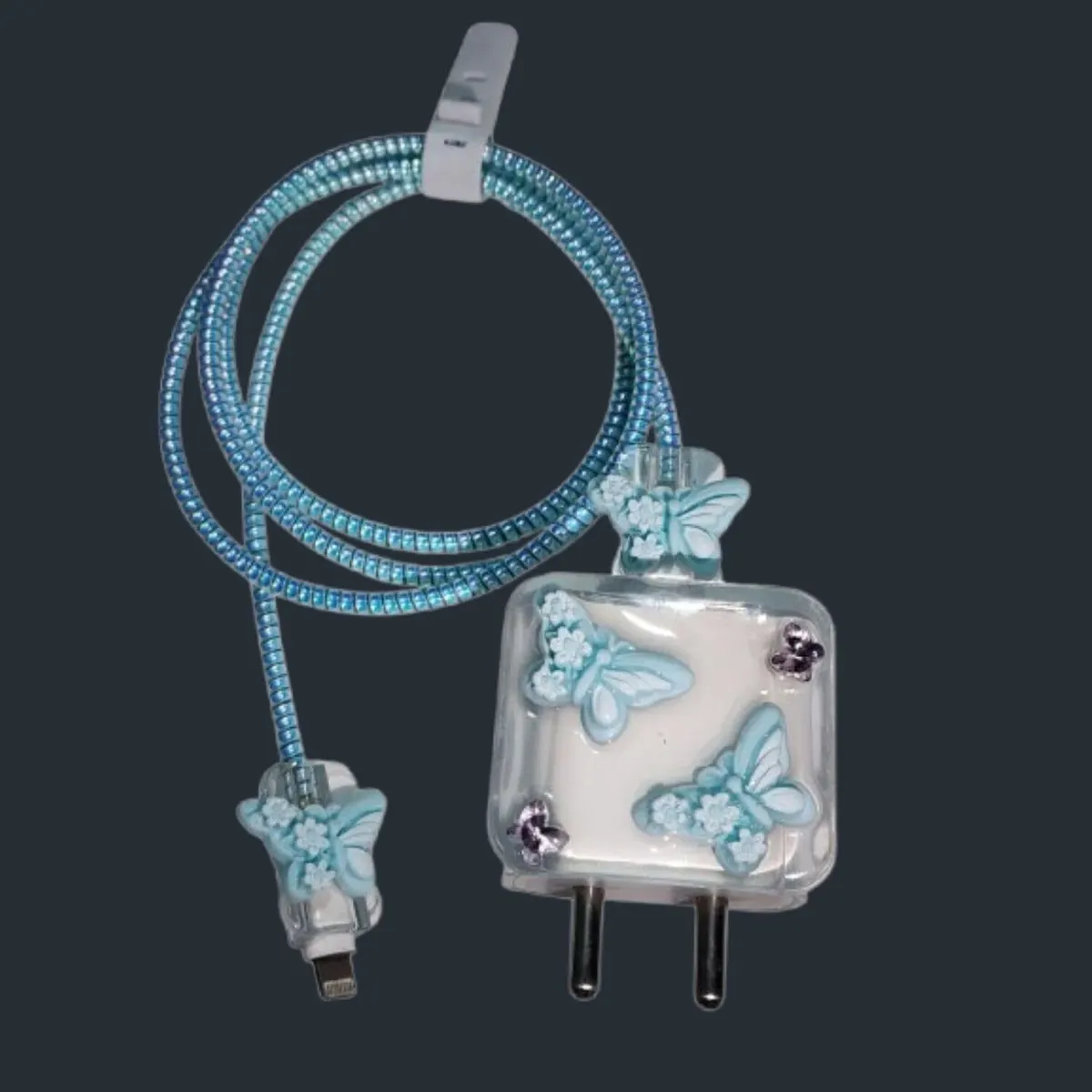 Xolia Charger Cover for 18W-20W Charger, 3D Cartoon Design Butrfly Blue, Spiral Cable Protector (Blue) — image 3 of 5