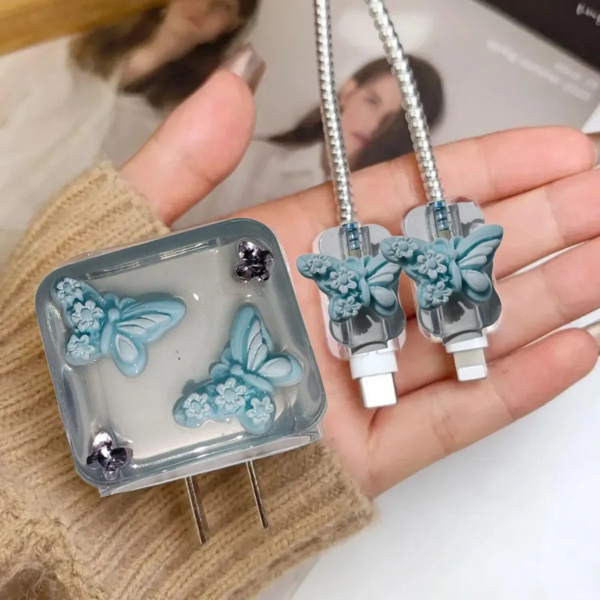 Xolia Charger Cover for 18W-20W Charger, 3D Cartoon Design Butrfly Blue, Spiral Cable Protector (Blue) — image 5 of 5