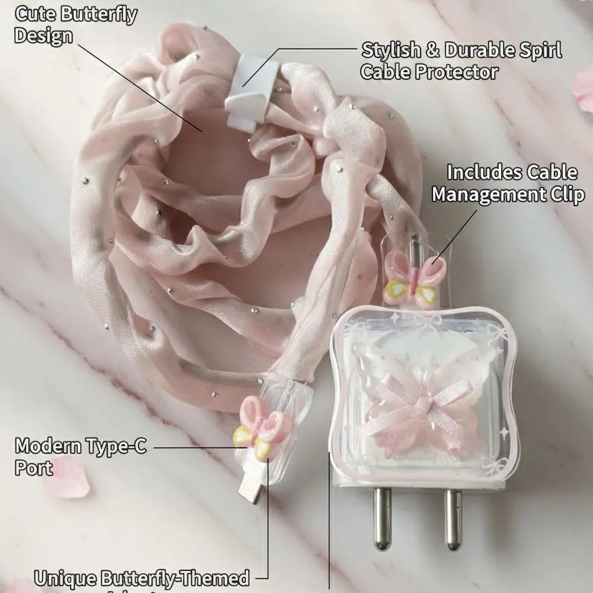 Xolia Charger Cover for 18W-20W Charger, 3D Cartoon Design Butrfly Pnk, Spiral Cable Protector (Pink) — image 2 of 5