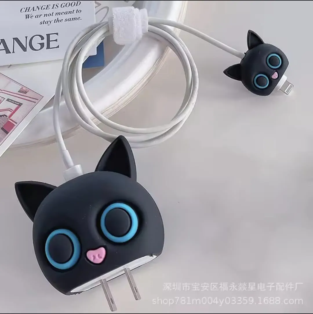 Micvir Charger Cover for iPhone 18W-20W Charger, 3D Cartoon Design Cat Eye, Spiral Cable Protector (Black) — image 3 of 5