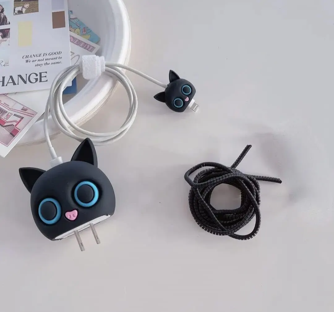 Micvir Charger Cover for iPhone 18W-20W Charger, 3D Cartoon Design Cat Eye, Spiral Cable Protector (Black) — image 5 of 5