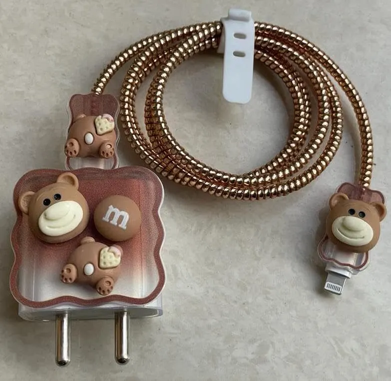 Micvir Charger Cover 18W-20W Charger, 3D Cartoon Tedy Black, Spiral Cable Protector (Brown) — image 2 of 4