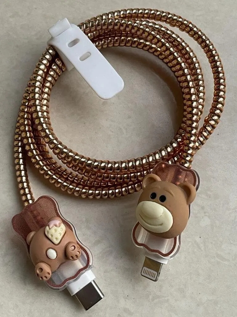 Micvir Charger Cover 18W-20W Charger, 3D Cartoon Tedy Black, Spiral Cable Protector (Brown) — image 3 of 4