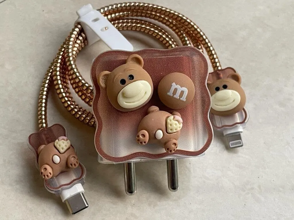 Micvir Charger Cover 18W-20W Charger, 3D Cartoon Tedy Black, Spiral Cable Protector (Brown) — image 4 of 4