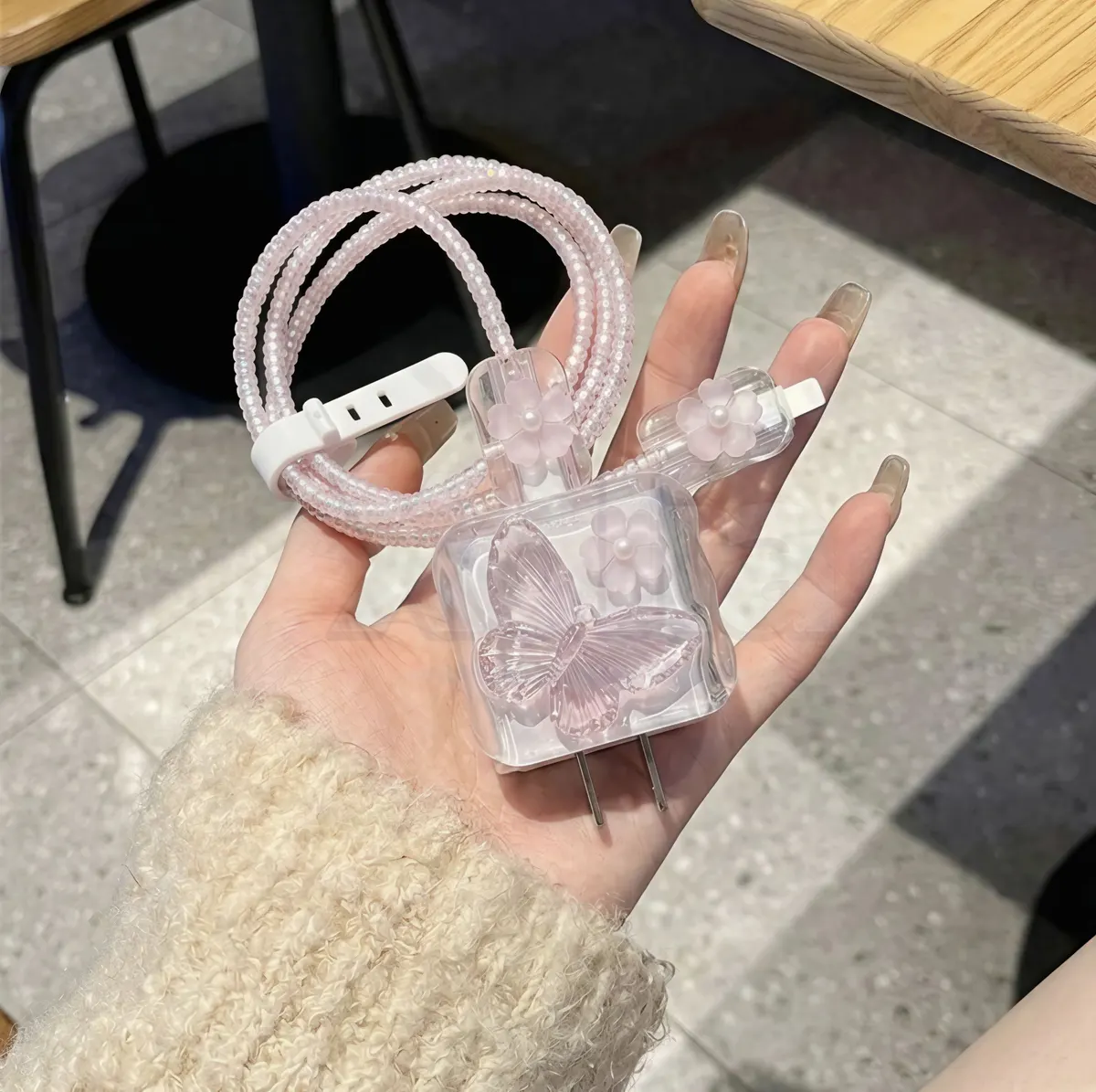 Xolia Charger Cover for 18W-20W Charger, 3D Cartoon Design Crstl Butrfly Pink, Spiral Cable Protector (Pink) — image 3 of 4