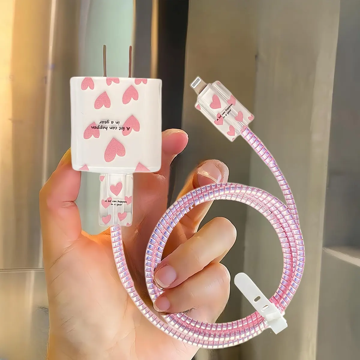Micvir Charger Cover 18W-20W Charger, 3D Cartoon Teddy MulltiColor, Spiral Cable Protector (Pink) — image 3 of 3