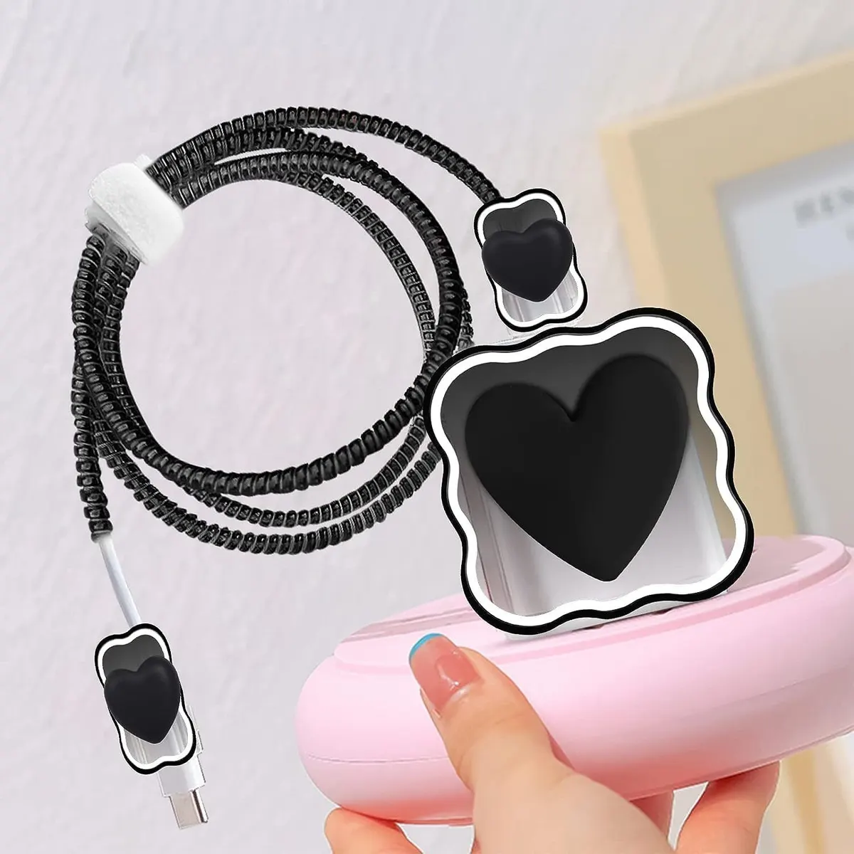 Micvir Charger Cover 18W-20W Charger, 3D Cartoon Design Sparkle Grey, Spiral Cable Protector (Black) — image 1 of 1