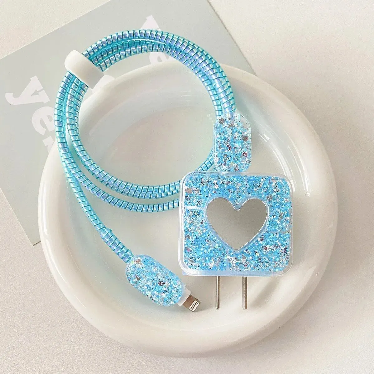Micvir Charger Cover 18W-20W Charger, 3D Cartoon Design Cat M Brown, Spiral Cable Protector (Blue) — image 3 of 3