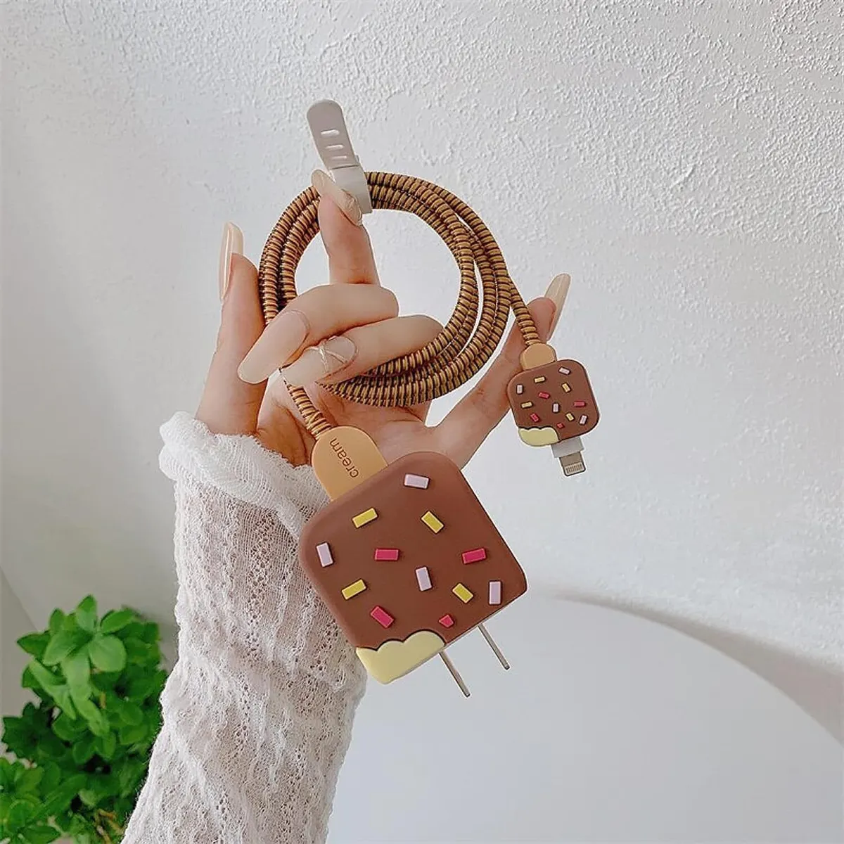 Micvir Charger Cover for iPhone 18W-20W Charger, 3D Cartoon Design IceCream,Spiral Cable Protector (Brown) — image 2 of 4