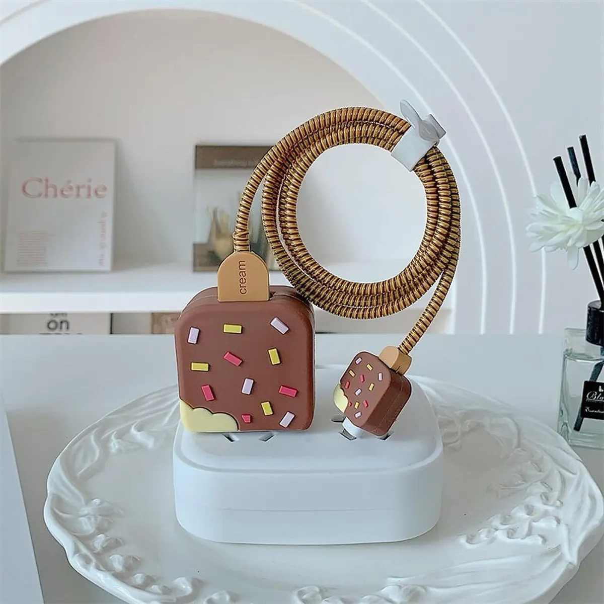 Micvir Charger Cover for iPhone 18W-20W Charger, 3D Cartoon Design IceCream,Spiral Cable Protector (Brown) — image 3 of 4