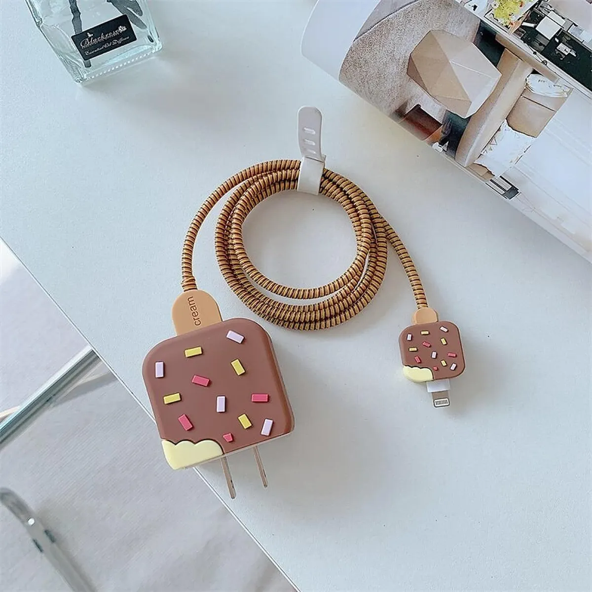 Micvir Charger Cover for iPhone 18W-20W Charger, 3D Cartoon Design IceCream,Spiral Cable Protector (Brown) — image 4 of 4