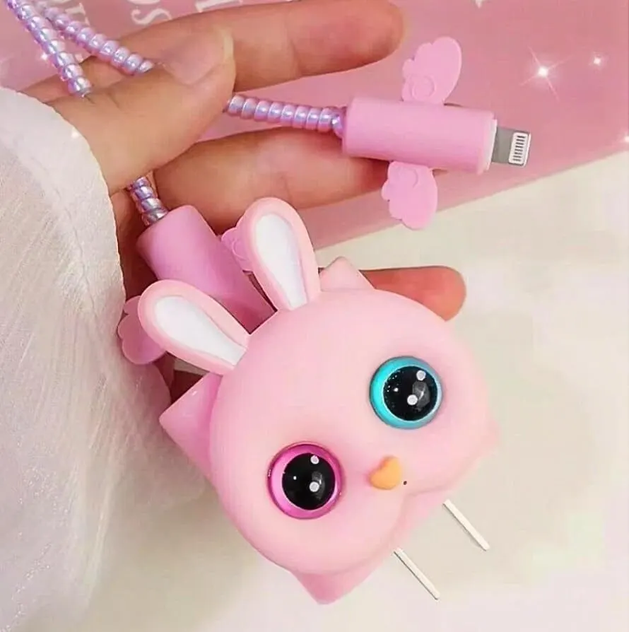 Micvir Charger Cover for iPhone 18W-20W Charger, 3D Cartoon Design Kitty Pink, Spiral Cable Protector (Pink) — image 2 of 3