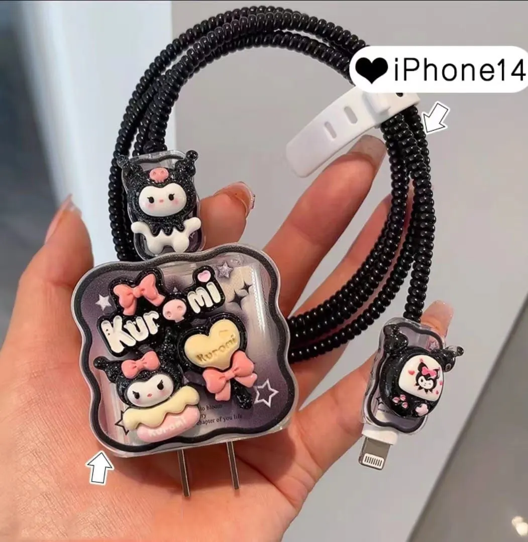 Micvir Charger Cover for iPhone 18W-20W Charger, 3D Cartoon Design Kuromi Black, Spiral Cable Protector (Black) — image 1 of 1