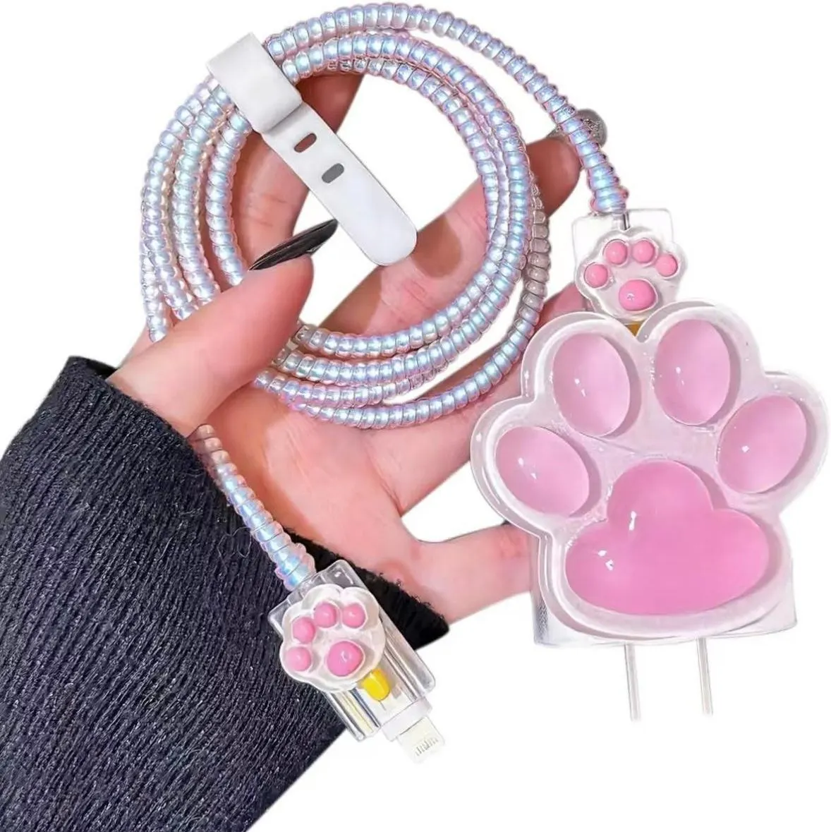 Micvir Charger Cover for iPhone 18W-20W Charger, 3D Cartoon Design Paw, Spiral Cable Protector (Pink) — image 2 of 5