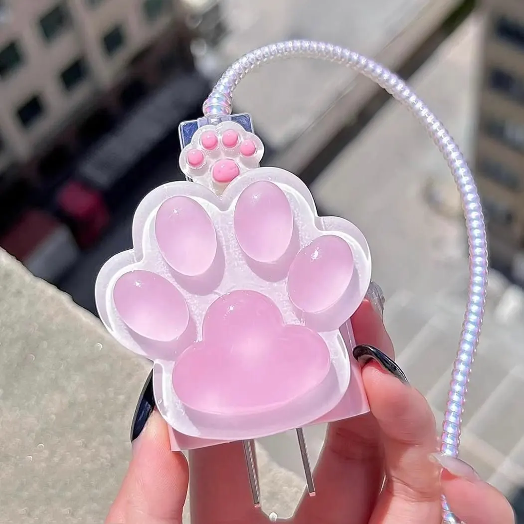 Micvir Charger Cover for iPhone 18W-20W Charger, 3D Cartoon Design Paw, Spiral Cable Protector (Pink) — image 3 of 5