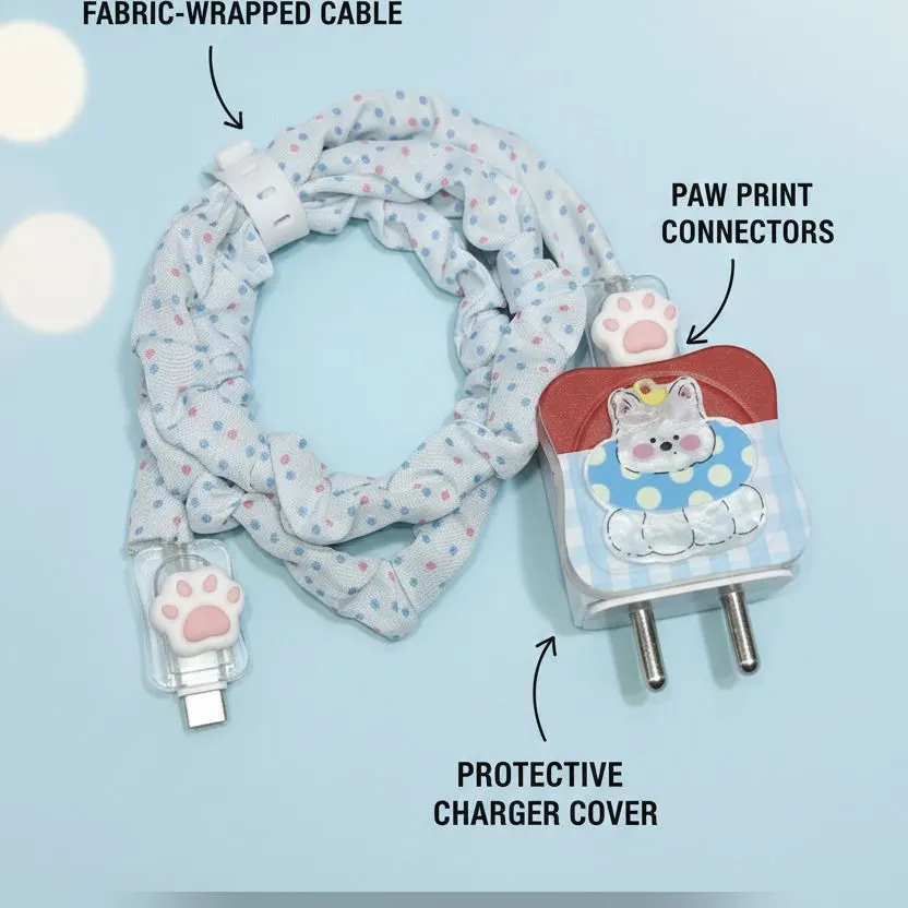 Xolia Charger Cover for 18W-20W Charger, 3D Cartoon Design PawCat, Spiral Cable Protector (Yellow) — image 2 of 5