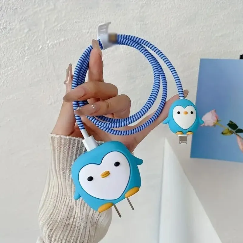 Micvir Charger Cover for iPhone 18W-20W Charger, 3D Cartoon Design Penguin Blue, Spiral Cable Protector (Blue) — image 2 of 4