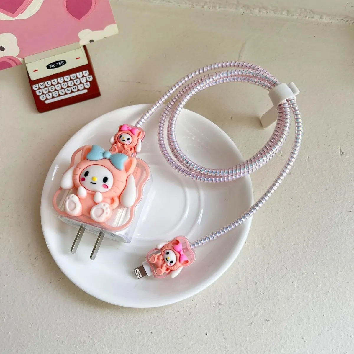 Micvir Charger Cover for iPhone 18W-20W Charger, 3D Cartoon Design Pink Cat, Spiral Cable Protector (Pink) — image 2 of 2