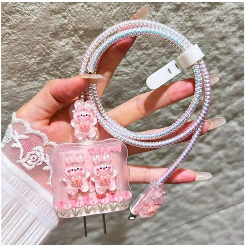 Micvir Charger Cover for iPhone 18W-20W Charger, 3D Cartoon Design Pink Rabbit, Spiral Cable Protector (Pink) — image 2 of 4