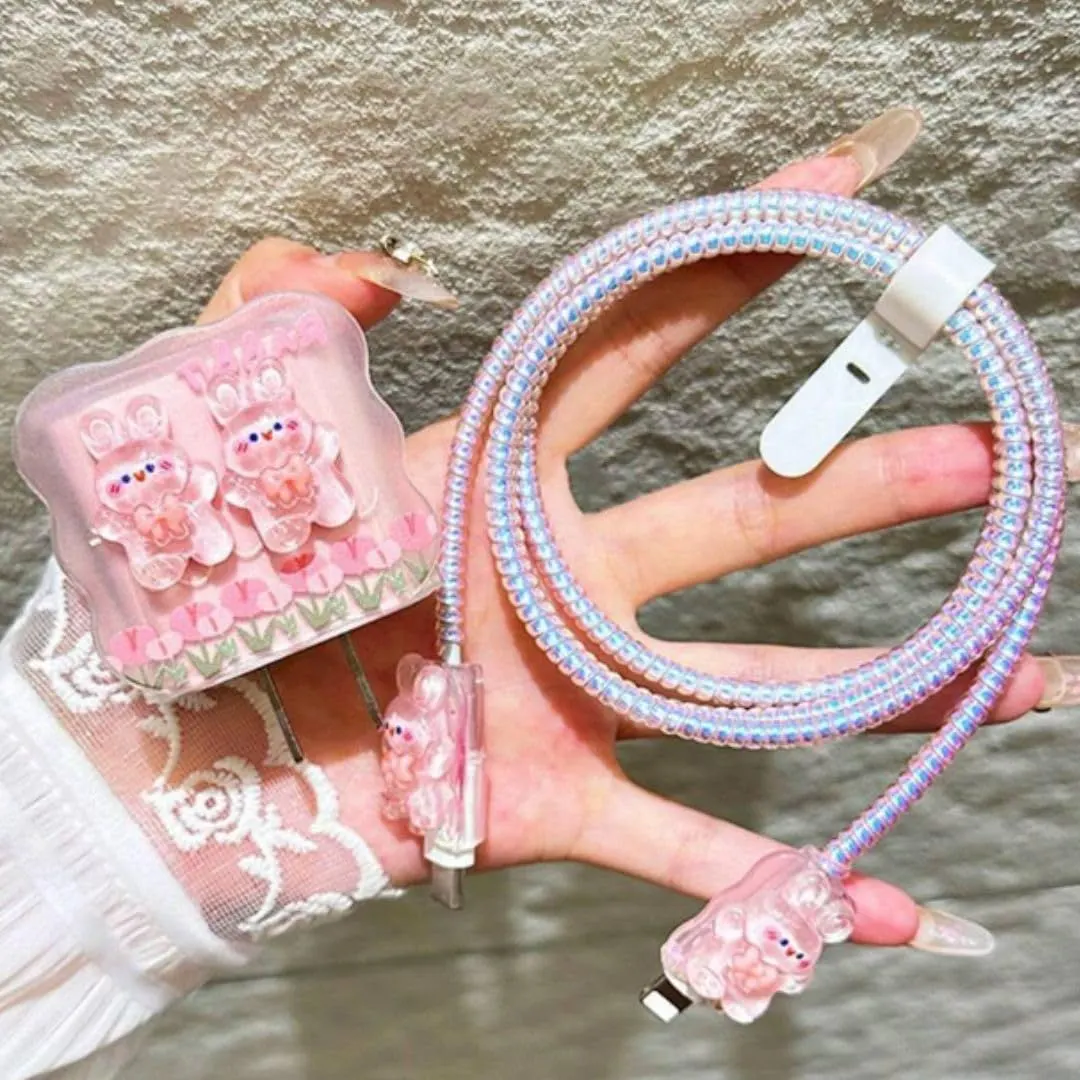 Micvir Charger Cover for iPhone 18W-20W Charger, 3D Cartoon Design Pink Rabbit, Spiral Cable Protector (Pink) — image 3 of 4