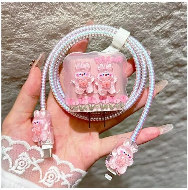 Micvir Charger Cover for iPhone 18W-20W Charger, 3D Cartoon Design Pink Rabbit, Spiral Cable Protector (Pink) — image 4 of 4