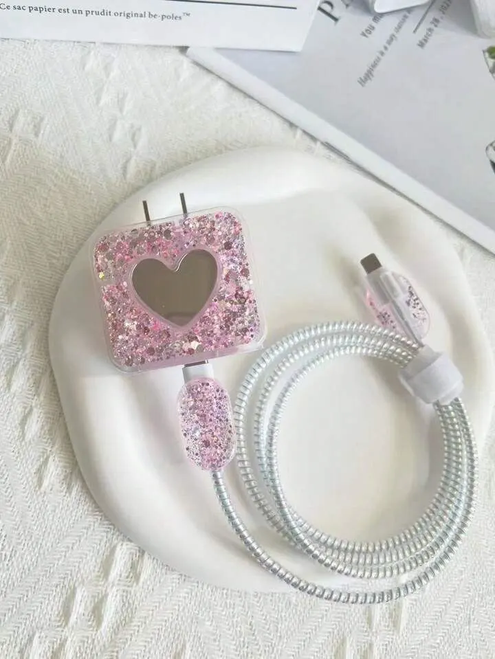 Micvir Charger Cover for iPhone 18W-20W Charger, 3D Cartoon Design Pink Heart, Spiral Cable Protector (Pink) — image 2 of 2