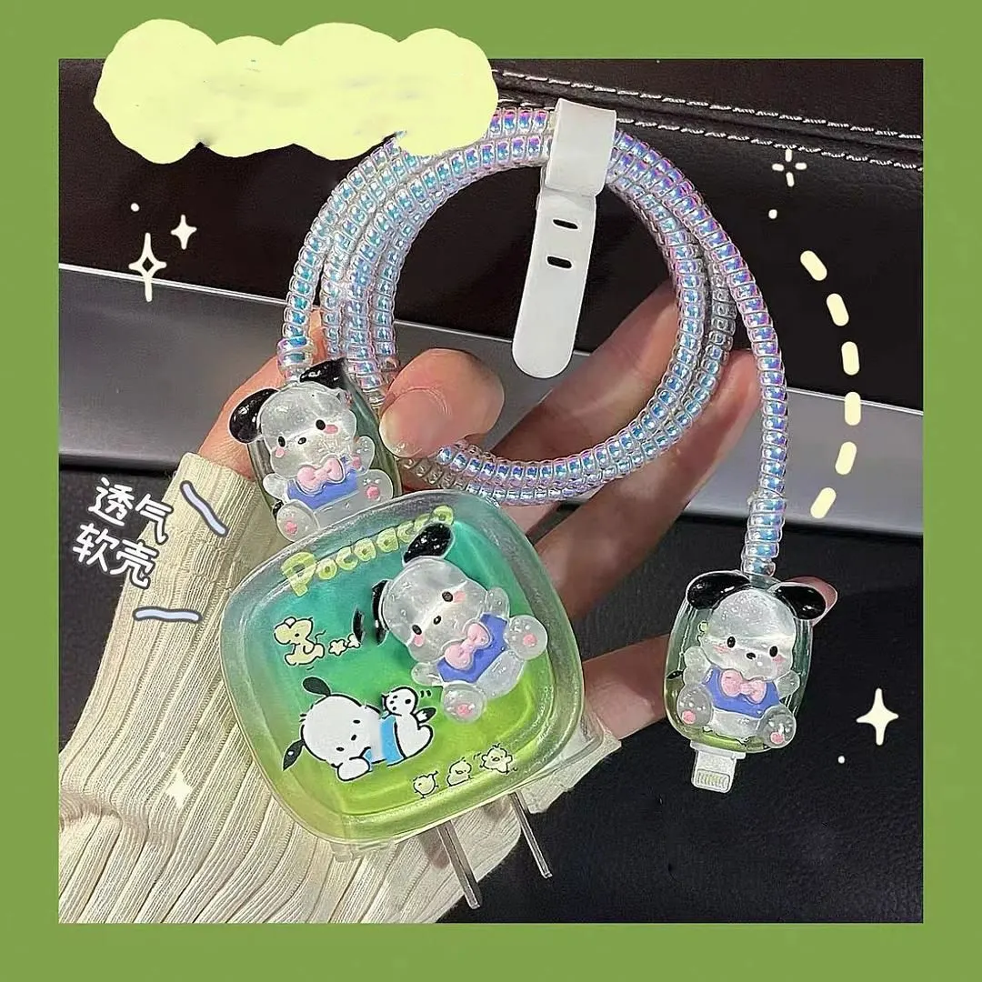 Micvir Charger Cover for iPhone 18W-20W Charger, 3D Cartoon Design Pochacco, Spiral Cable Protector (Green)