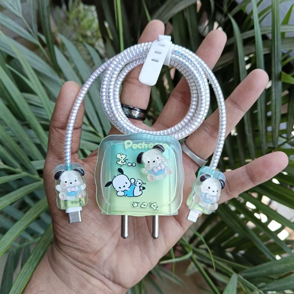 Micvir Charger Cover for iPhone 18W-20W Charger, 3D Cartoon Design Pochacco, Spiral Cable Protector (Green) — image 2 of 4