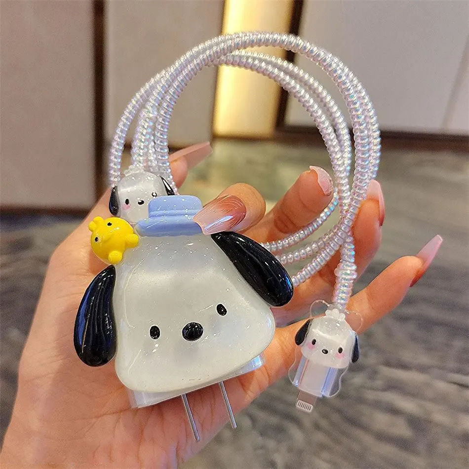Micvir Charger Cover 18W-20W Charger, 3D Cartoon Design Stars Mullti, Spiral Cable Protector (White)