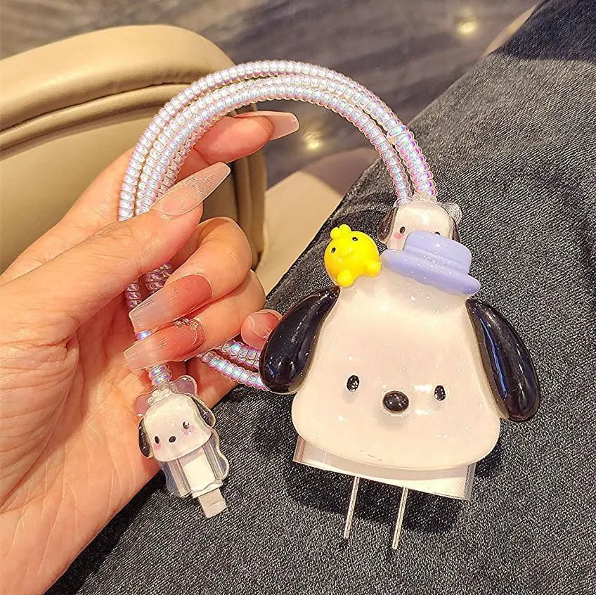 Micvir Charger Cover 18W-20W Charger, 3D Cartoon Design Stars Mullti, Spiral Cable Protector (White) — image 2 of 5