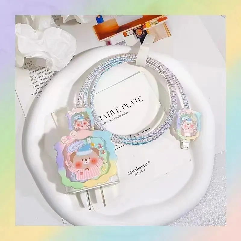 Micvir Charger Cover for iPhone 18W-20W Charger, 3D Cartoon Design Rainbow Bear, Spiral Cable Protector (Multicolor) — image 1 of 1