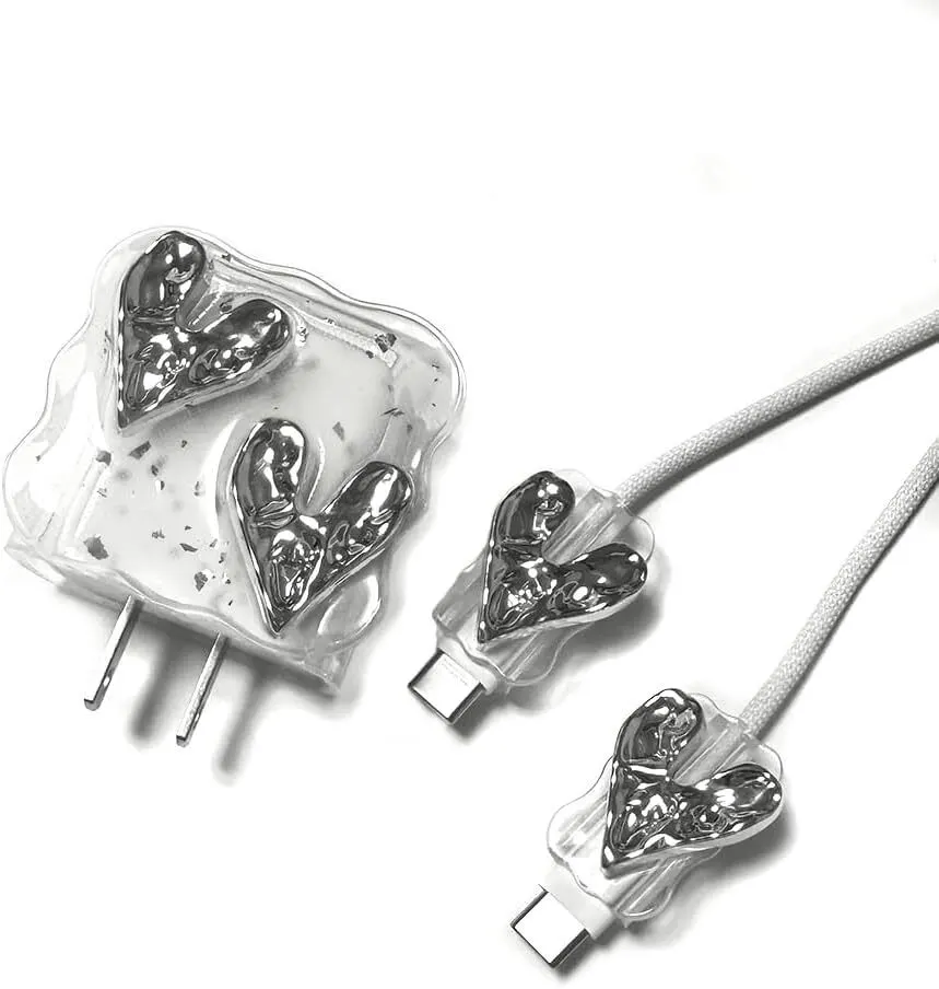 Micvir Charger Cover for iPhone 18W-20W Charger, 3D Cartoon Design Silver Heart, Spiral Cable Protector (Grey)