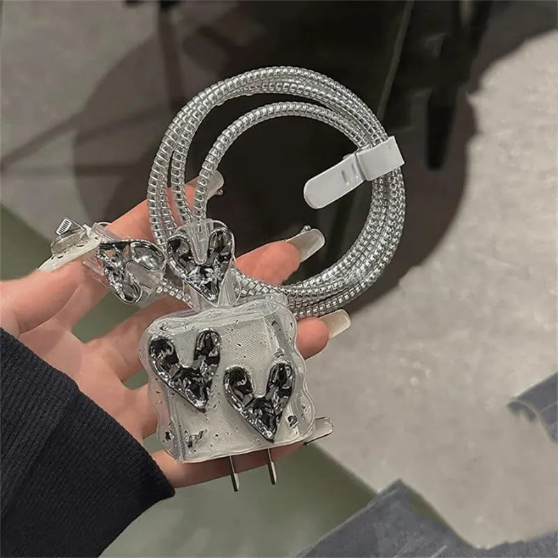 Micvir Charger Cover for iPhone 18W-20W Charger, 3D Cartoon Design Silver Heart, Spiral Cable Protector (Grey) — image 2 of 5