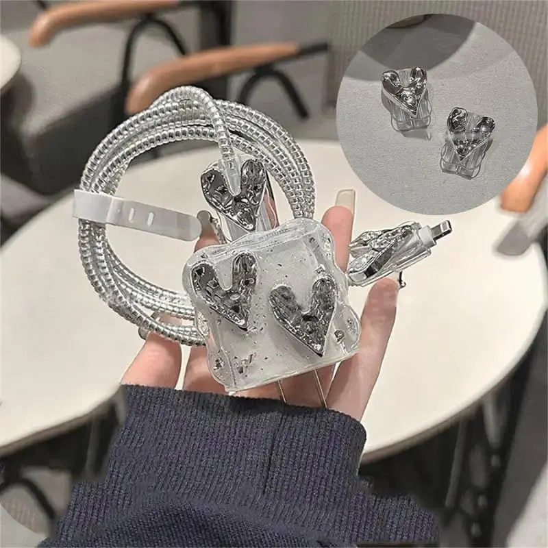 Micvir Charger Cover for iPhone 18W-20W Charger, 3D Cartoon Design Silver Heart, Spiral Cable Protector (Grey) — image 4 of 5