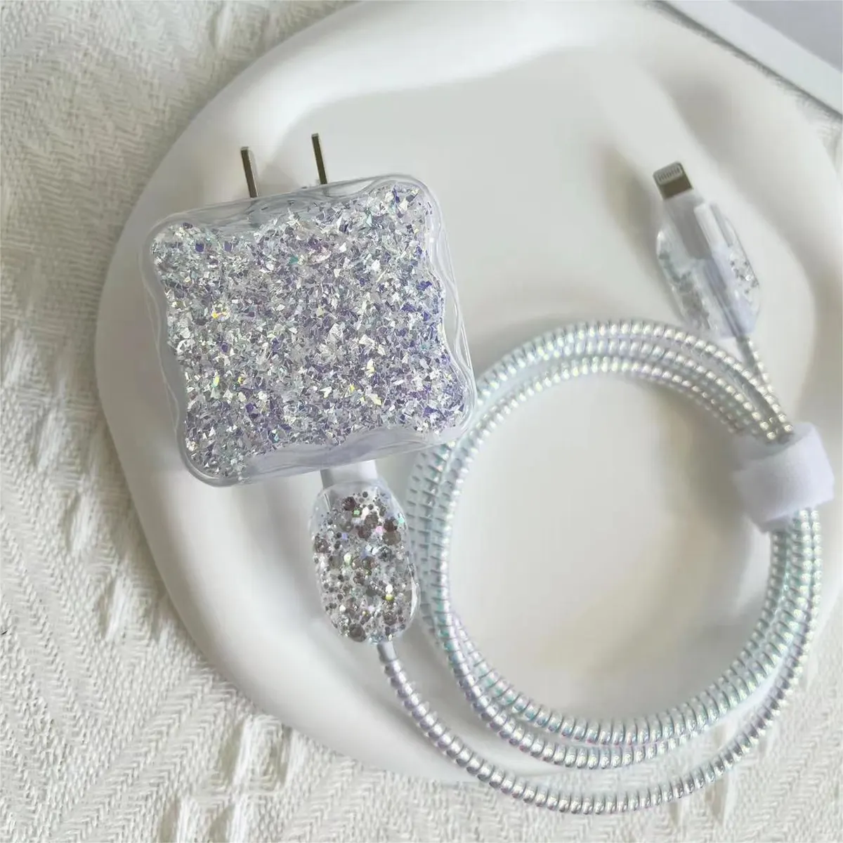 Micvir Charger Cover 18W-20W Charger, 3D Cartoon Design Silver Bow, Spiral Cable Protector (Grey)