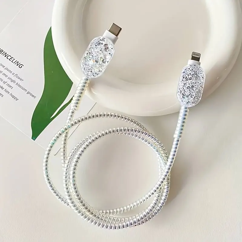 Micvir Charger Cover 18W-20W Charger, 3D Cartoon Design Silver Bow, Spiral Cable Protector (Grey) — image 2 of 5