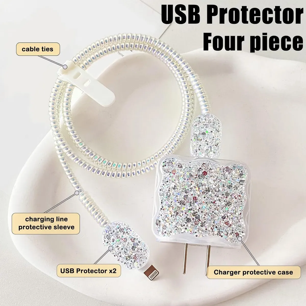 Micvir Charger Cover 18W-20W Charger, 3D Cartoon Design Silver Bow, Spiral Cable Protector (Grey) — image 3 of 5