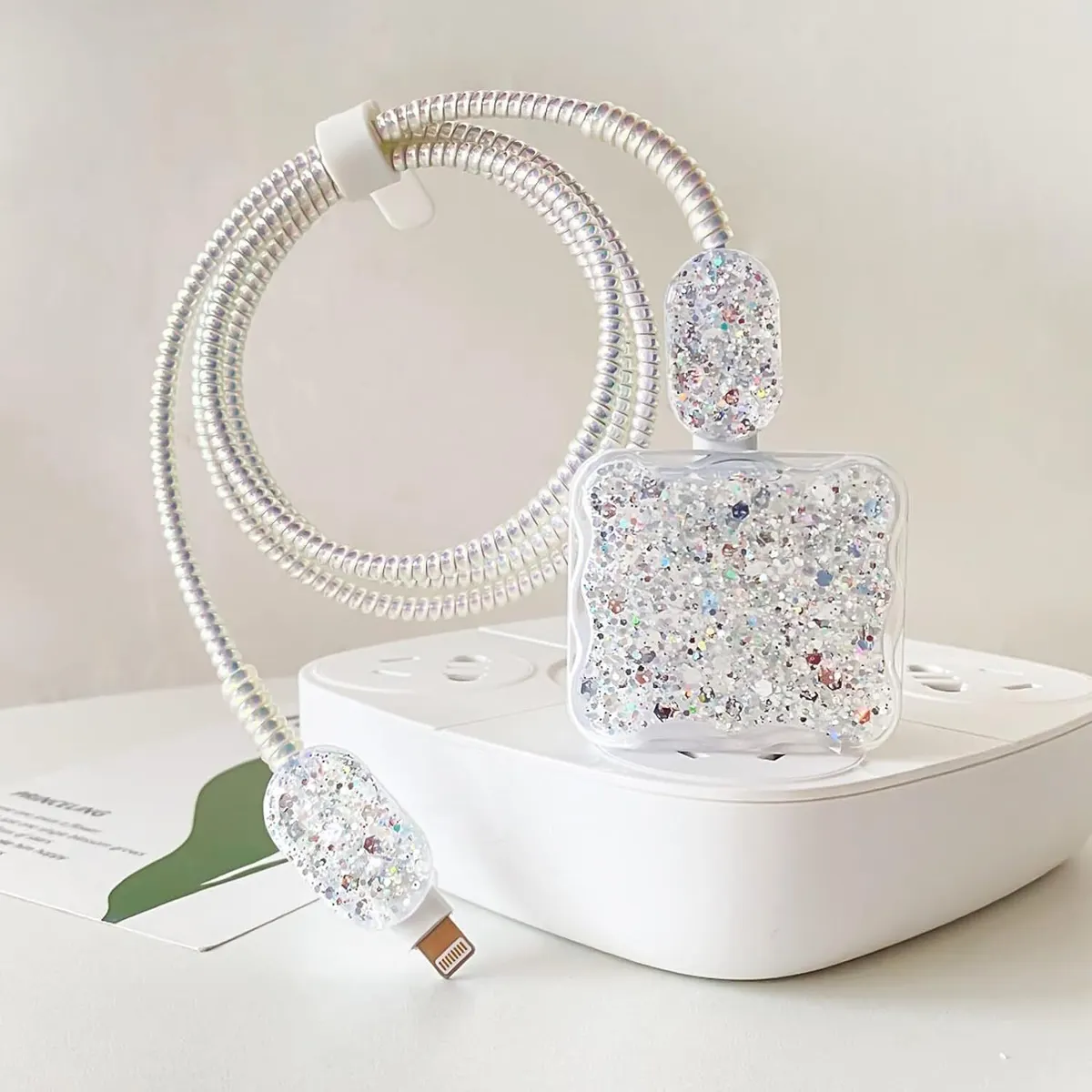 Micvir Charger Cover 18W-20W Charger, 3D Cartoon Design Silver Bow, Spiral Cable Protector (Grey) — image 4 of 5