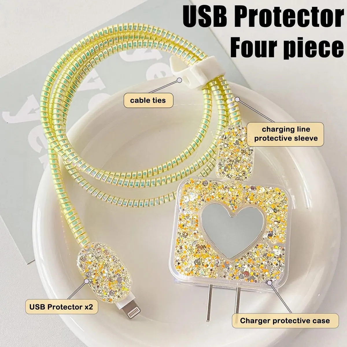 Micvir Charger Cover for iPhone 18W-20W Charger, 3D Cartoon Design Yellow Heart, Spiral Cable Protector (Yellow) — image 2 of 5