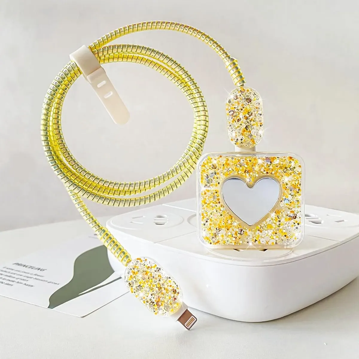 Micvir Charger Cover for iPhone 18W-20W Charger, 3D Cartoon Design Yellow Heart, Spiral Cable Protector (Yellow) — image 4 of 5