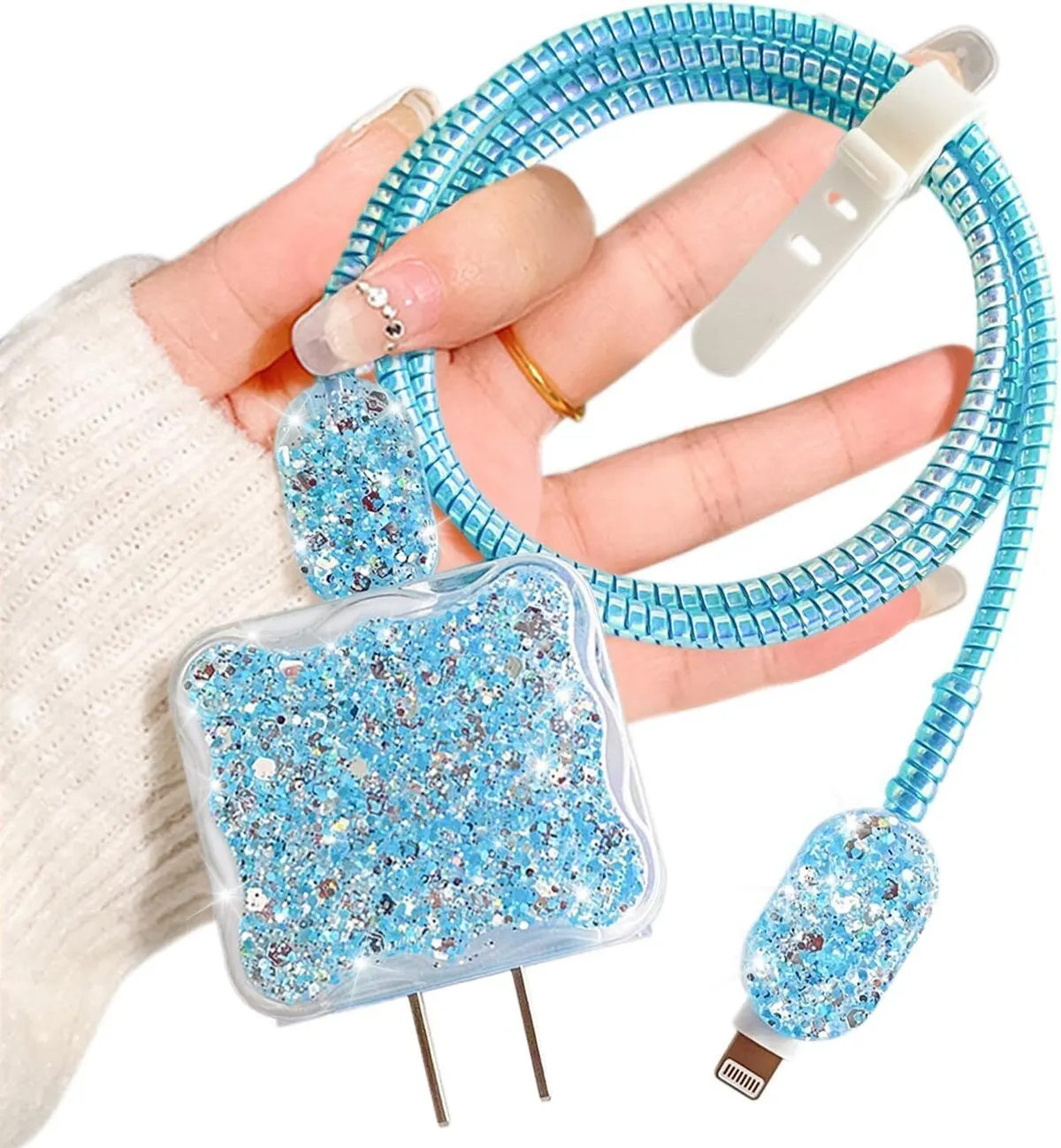 Micvir Charger Cover for iPhone 18W-20W Charger, 3D Cartoon Design Sparkle Blue, Spiral Cable Protector (Blue) — image 1 of 5