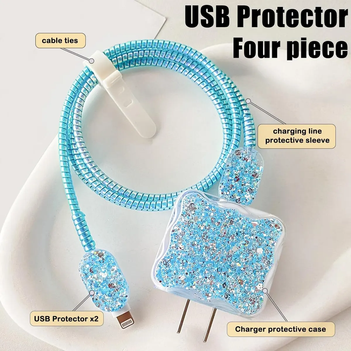 Micvir Charger Cover for iPhone 18W-20W Charger, 3D Cartoon Design Sparkle Blue, Spiral Cable Protector (Blue) — image 2 of 5