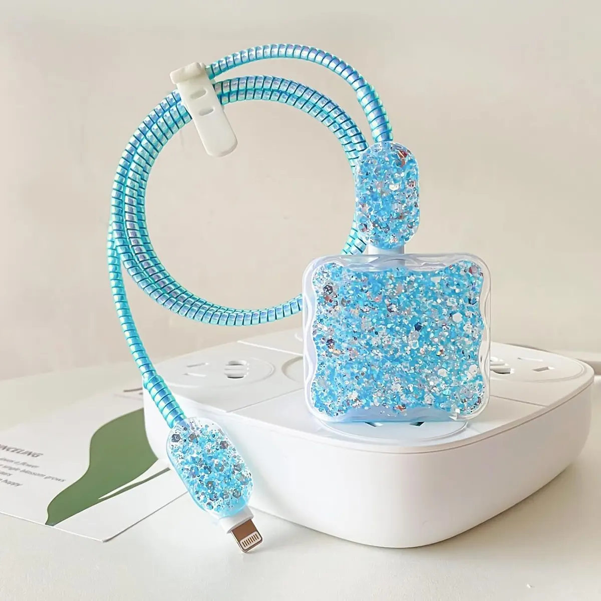 Micvir Charger Cover for iPhone 18W-20W Charger, 3D Cartoon Design Sparkle Blue, Spiral Cable Protector (Blue) — image 4 of 5