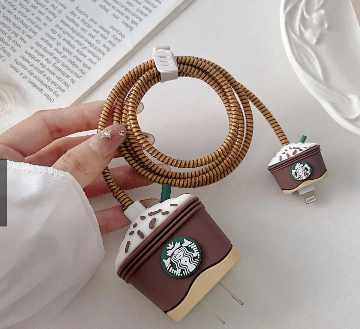 Micvir Charger Cover for iPhone 18W-20W Charger, 3D Cartoon Design Star Coffee, Spiral Cable Protector (Brown) — image 2 of 4