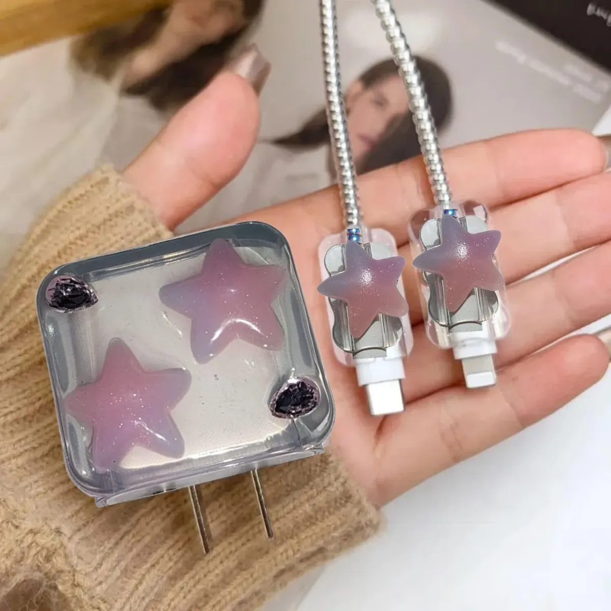 Xolia Charger Cover for 18W-20W Charger, 3D Cartoon Design Pnk Stars, Spiral Cable Protector (Pink) — image 4 of 5